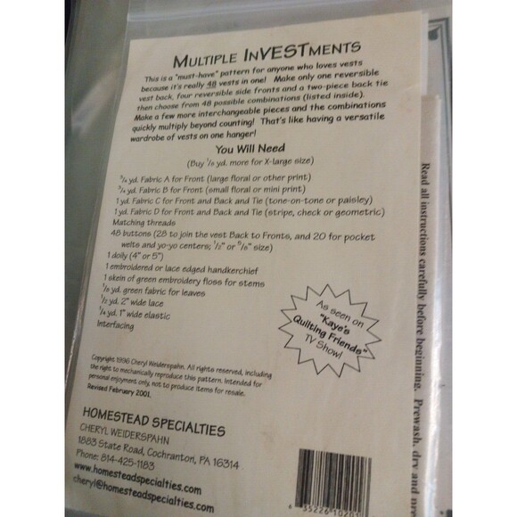 HOMESTEAD SPECIALTIES PATTERN MULTIPLE INVESTMENTS THE VEST WORN 48 WAYS UNCUT - Picture 2 of 2